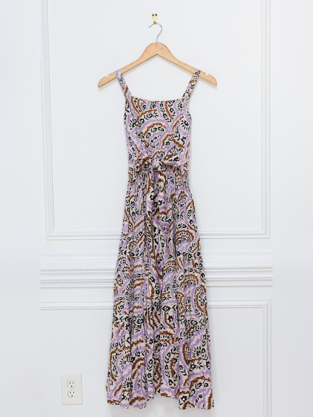 NWT Omika Monroe Maxi Dress Floral Tiered Tie Back Lilac Brown Sz M Euro Summer - Picture 7 of 13